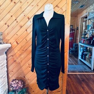 Stunning Clinched Ruched Black Midi Dress